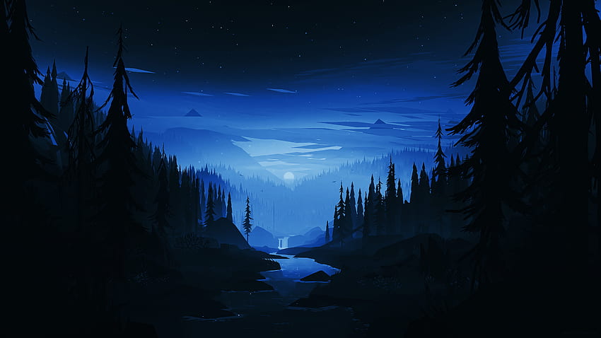 Тъмна нощ, река, гора, минимум, изкуство HD тапет
