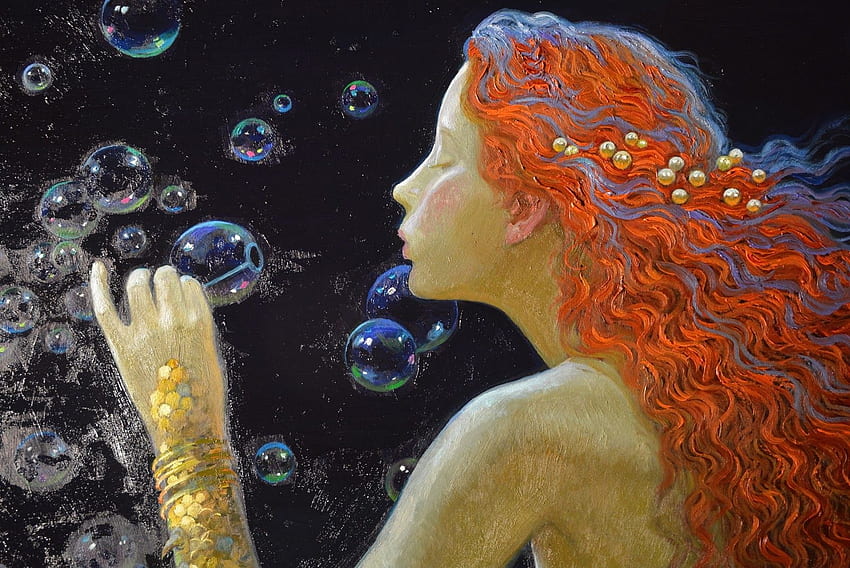 Mermaid, painting, art, face, victor nizovtsev, redhead, girl, bubbles, pictura HD wallpaper