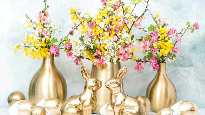 Golden Bunny Toys Easter Eggs Flower Vases Happy Easter HD wallpaper
