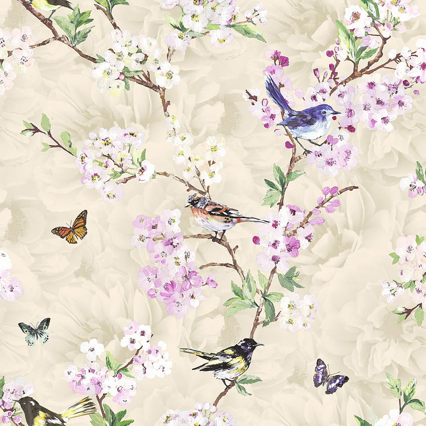 Maylea Neutral Birds Butterflies Flowers Floral Trees HD phone wallpaper