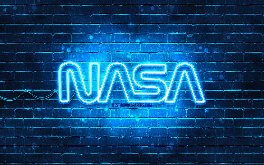 Niebieskie logo NASA, niebieski mur z cegły, logo NASA, marki modowe, neonowe logo NASA, NASA Tapeta HD