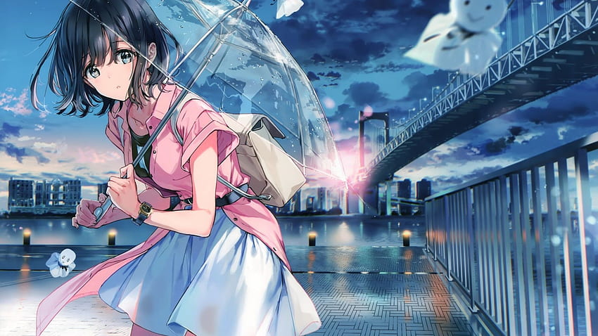 Аниме момиче, призрак, мост, прозрачен чадър, пола, пейзаж за екран, аниме момиче пейзаж HD тапет