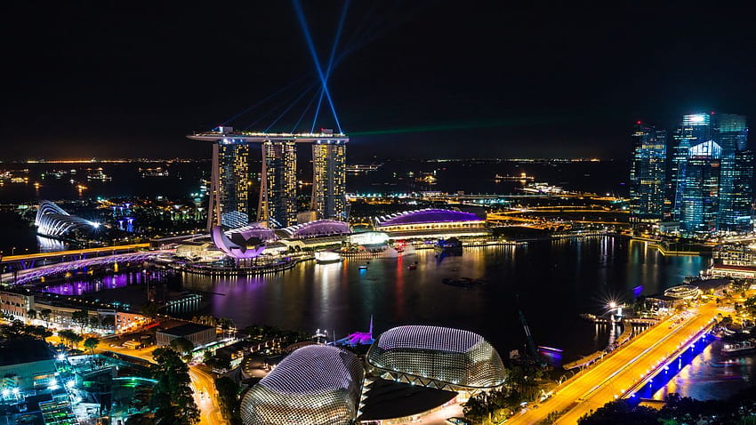 Singapur, Marina Bay, Vista nocturna, Arquitectura fondo de pantalla