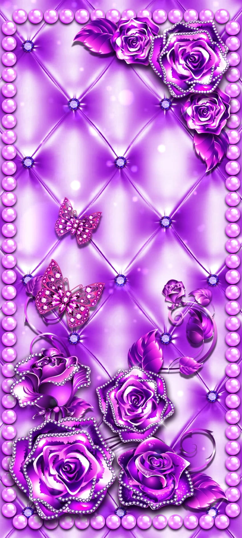 Cojín violeta de lujo, magenta, diamante, flores, rosa, Hermoso, mariposa, Premium fondo de pantalla del teléfono