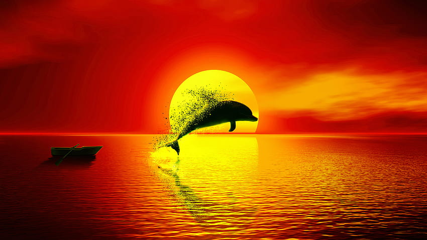 Delfín, dispersión, puesta de sol, paisaje marino, arte. fondo de pantalla