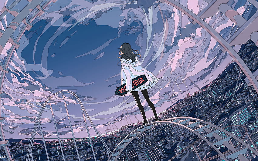 Skyline Anime Girl Skateboard Resolution , , Background, and, Skateboard Art HD wallpaper