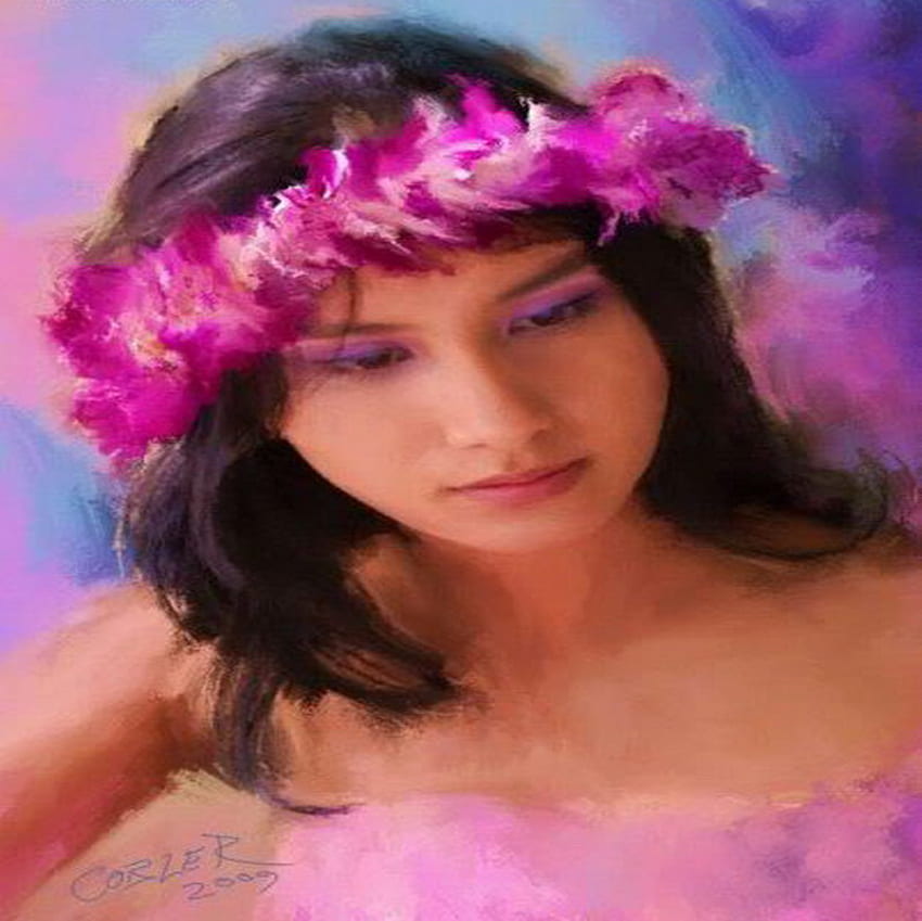 painting, pink, lady, wreath HD wallpaper