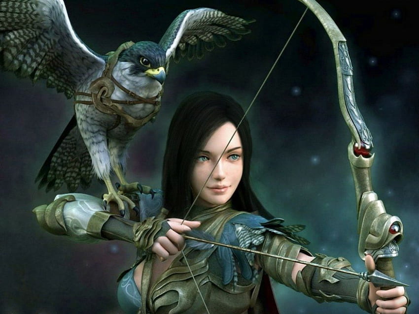 戦士と彼女の鳥、女の子、矢、鳥、弓 高画質の壁紙
