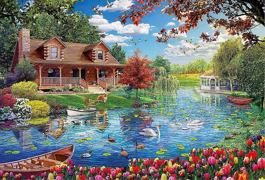 Cabin at the lake, boat, gazebo, spring, tulips, ducks, swans, painting, trees, flowers, geese HD wallpaper