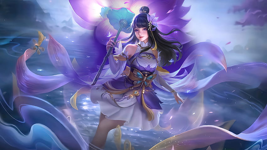 Kagura Water Lily Star, electric blue, art, Game, mobile Legends, anime HD wallpaper
