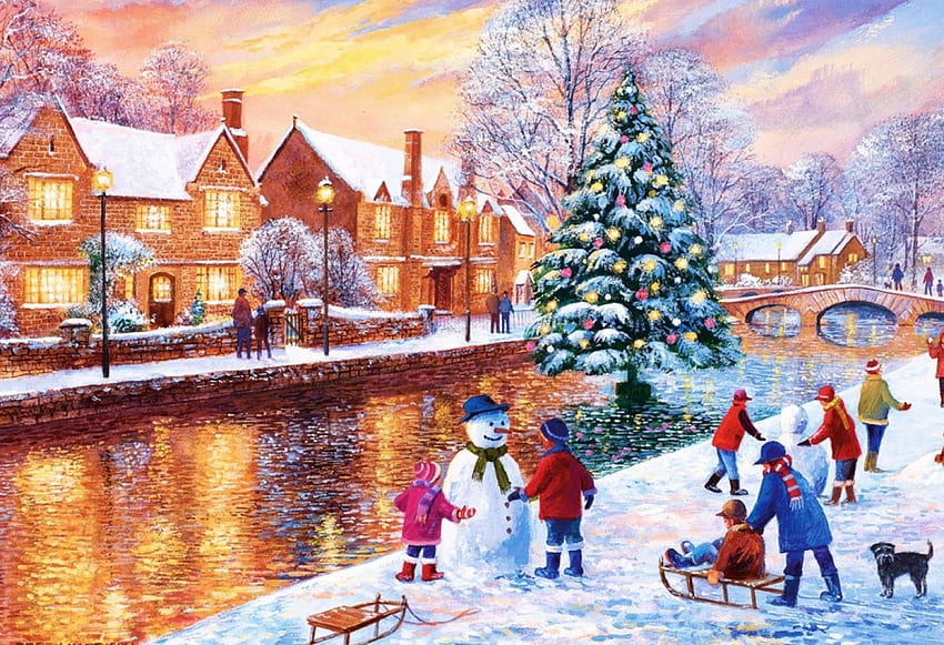 クリスマス、川、冬、子供、家、クリスマス、アートワーク、そり、絵画、雪、クリスマス ツリーのバートン 高画質の壁紙