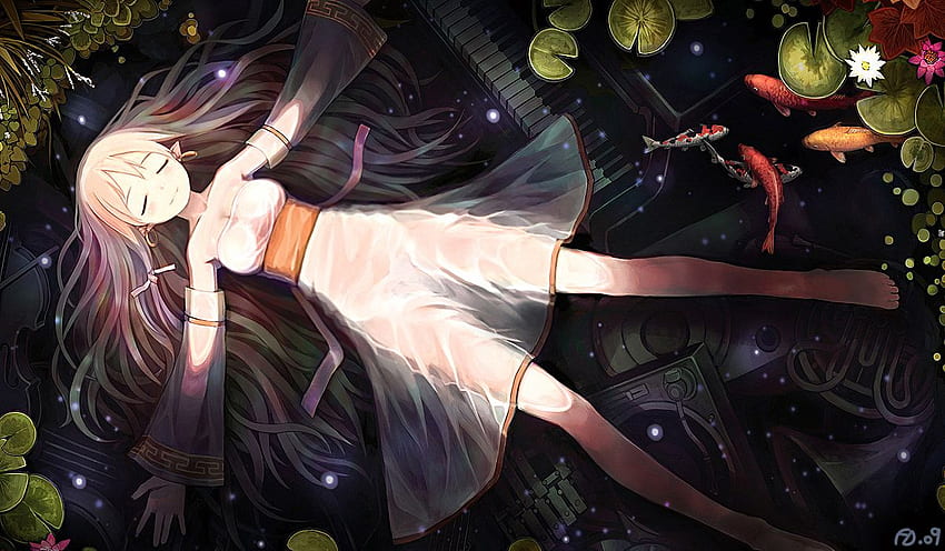 jaminan rambut panjang telinga runcing asli melihat melalui air tidur, Sleeping Anime Wallpaper HD