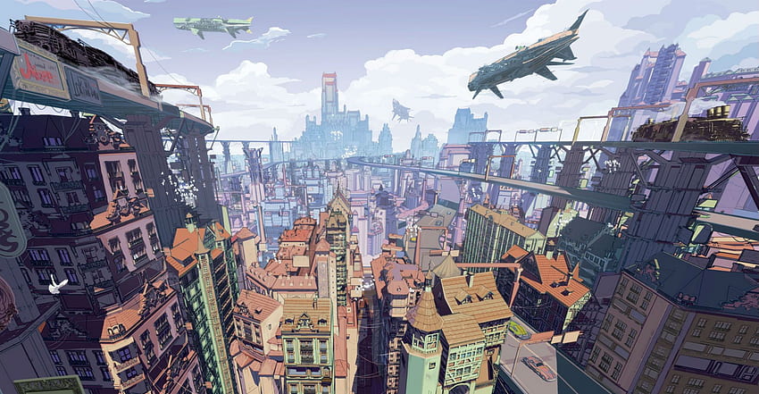 Hewan burung arsenixc bangunan kota awan lanskap pemandangan asli, Pemandangan Kota Anime Wallpaper HD