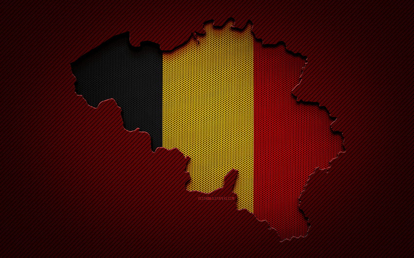 Belgien-Karte, europäische Länder, belgische Flagge, roter Karbonhintergrund, Belgien-Kartensilhouette, belgische Flagge, Europa, belgische Karte, Belgien, Flagge Belgiens HD-Hintergrundbild