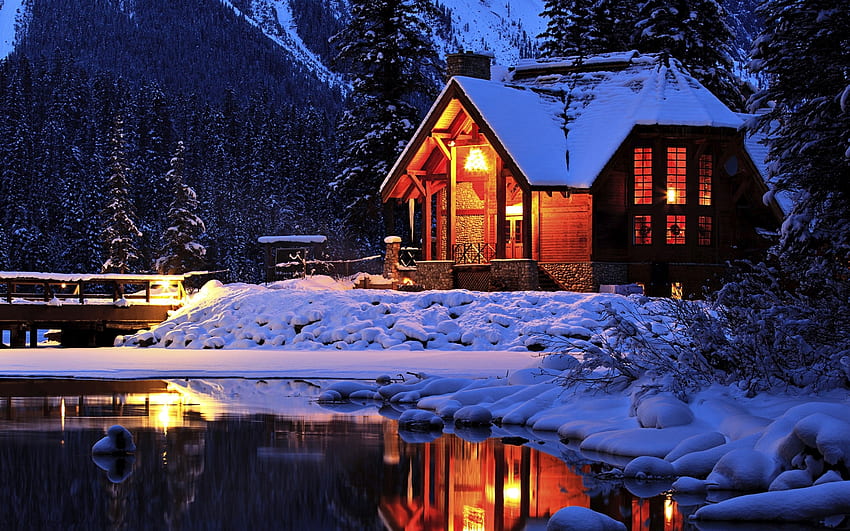 Cabine confortable en hiver, hiver, nature, lumières, cabine Fond d'écran HD