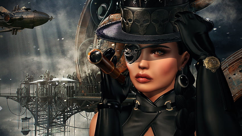 Steampunk Превръзка за очи Шапка млада жена 3D Графика HD тапет