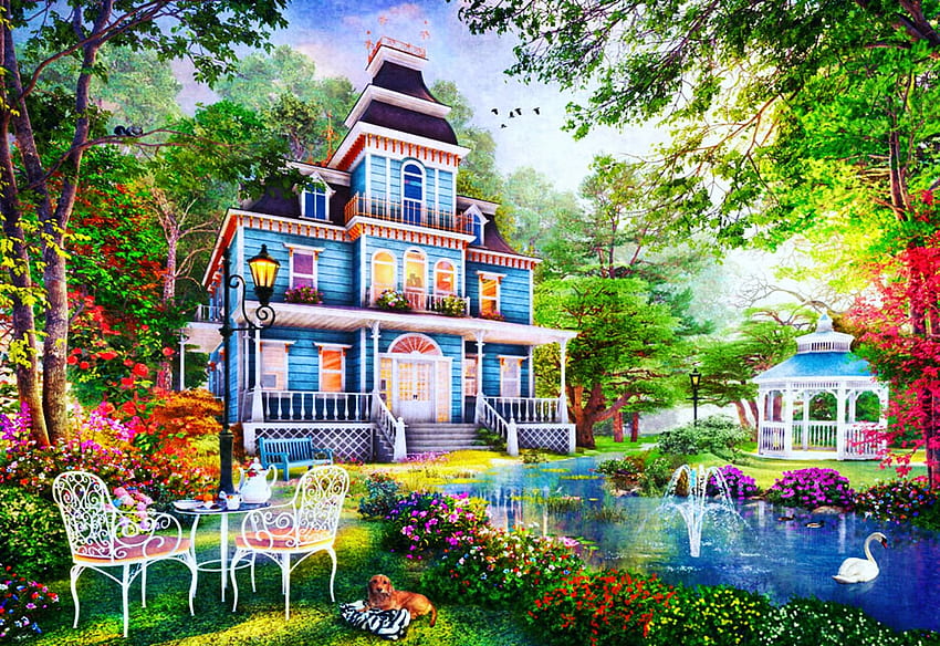 American Victorian, dog, table, chairs, house, gazebo, garden, trees, pond, swan HD wallpaper