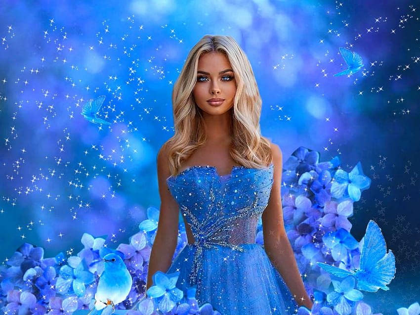 Cinderella Dress, black, bird, blonde, flowers, girl, dress, blue, butterflies, magical, sparkle HD wallpaper