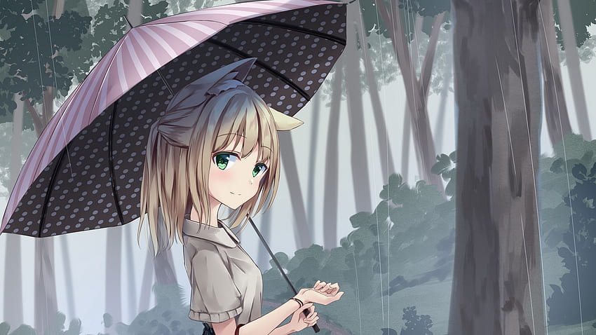 Green Eyes Anime Girl Under Umbrella Rain Background Anime Girl HD wallpaper