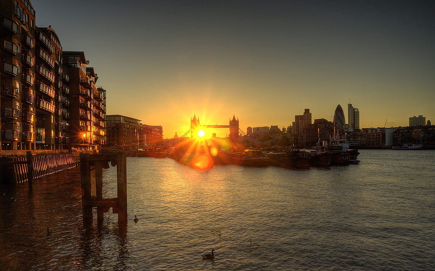 런던, 도시, 강, 새벽, 건물, 다리, 부두, 햇빛, 침대, 영국 HD 월페이퍼