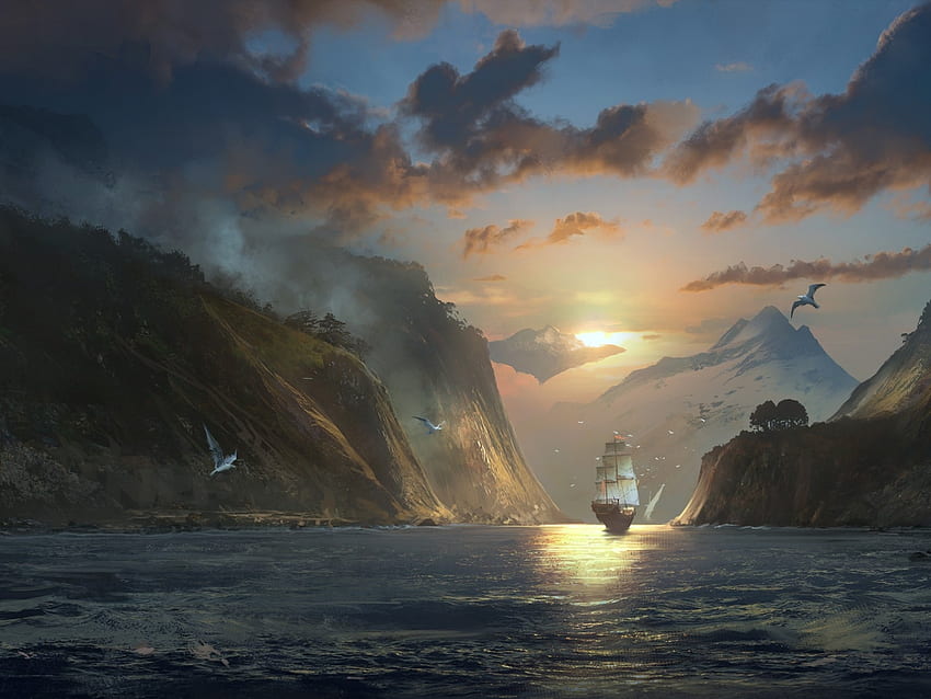 Sailboat at Sunset, sea, rocks, beach, painting, clouds, nature, sail, sky, mountains, sunset HD wallpaper