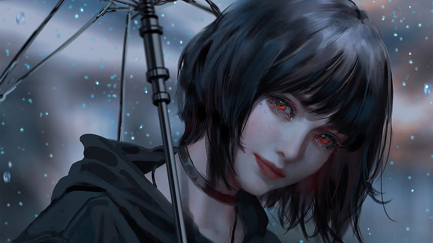 Rote Augen kurzes Haar Anime Girl unter Regenschirm mit schwarzem Kleid Anime Girl HD-Hintergrundbild