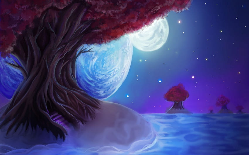 Fantasi, malam, biru, seni, bintang, pohon, merah muda, lukisan, bulan, langit, air Wallpaper HD