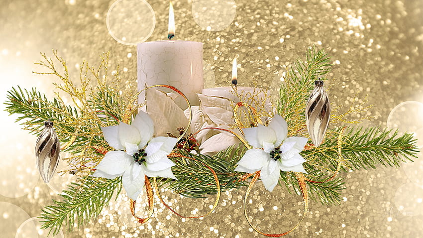 Goldener Feiertag, Feliz Navidad, Neujahr, Glitzer, Weihnachtssterne, Fichte, Tanne, Gold, Urlaub, Kerze, Weihnachten, Licht, Blumen HD-Hintergrundbild