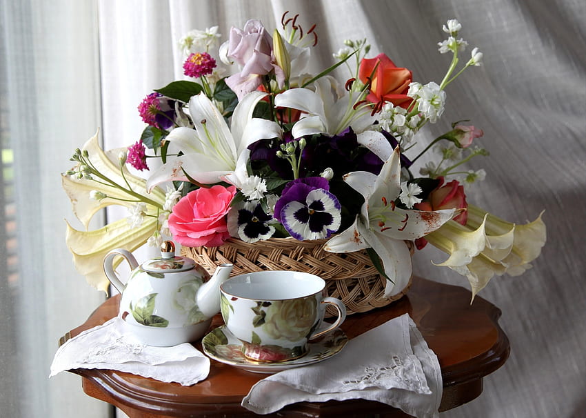Çiçekler, Güller, Hercai Menekşe, Zambak, Tablo, Sepet, Çay HD duvar kağıdı