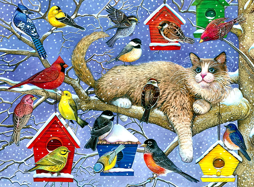 Party Crasher - Cat F, животно, котки, котка, врабче, , домашна чинка, щиглец, червеноперка, кардинал, пойни птици, пиле, изкуство, Синя сойка, красиво, произведение на изкуството, широк екран, домашни любимци, синя птица HD тапет