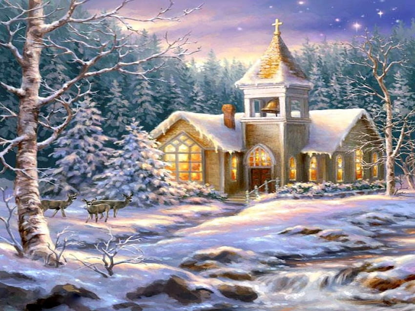 Красива Коледа, зима, спокойна, красива, църква, на открито, празник, животни, магически, сняг, елен, Коледа, природа, прекрасен, гора HD тапет