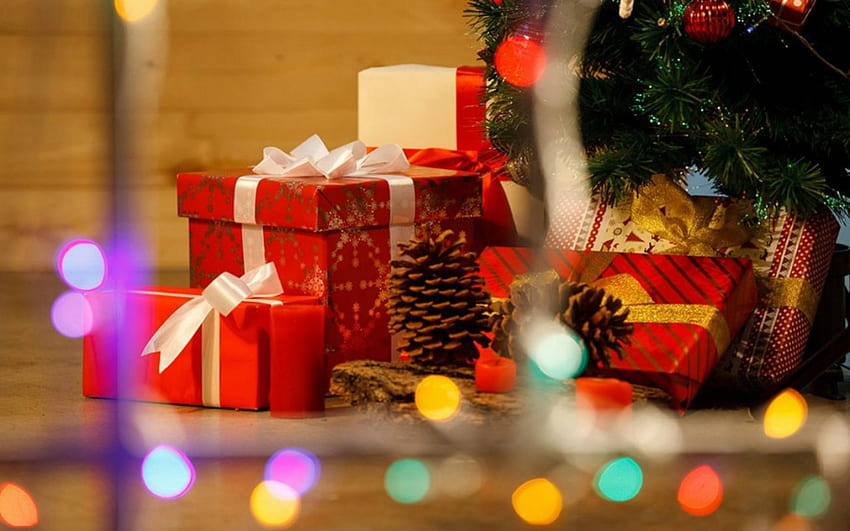 Cadeaux de Noël, bokeh, cadeaux, Noël, rouge Fond d'écran HD