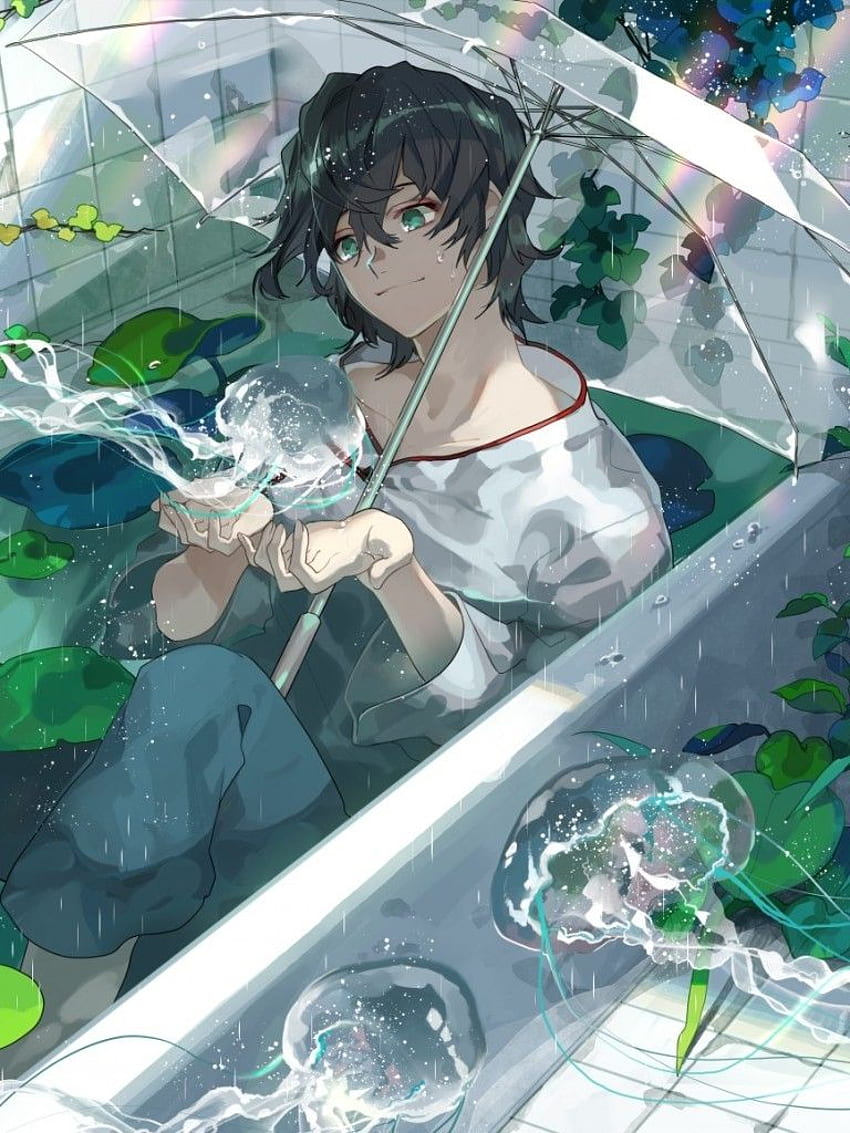 Chłopiec anime, wanna, zielone liście, meduza, przezroczysty parasol na Apple iPad 1, 2, Apple iPad Mini, chłopiec z parasolem Tapeta na telefon HD