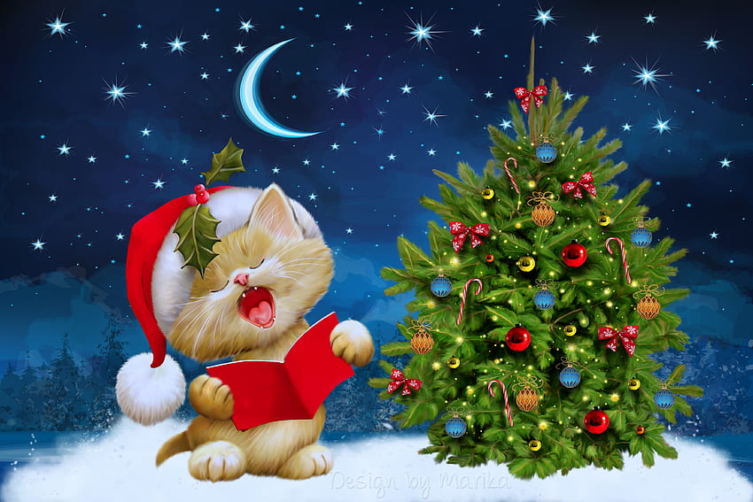 Holidays, New Year, Cat, Christmas, Postcard HD wallpaper