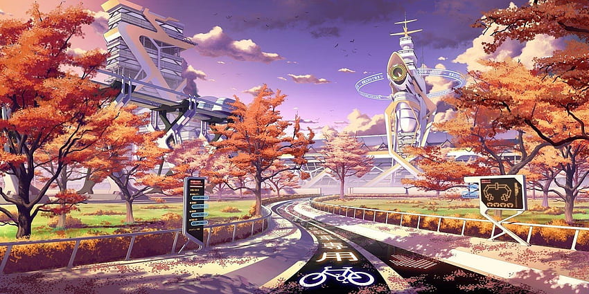 秋の街の背景。 スチームパンクシティ、ニューヨークシティとアニメシティ、アニメの秋 高画質の壁紙