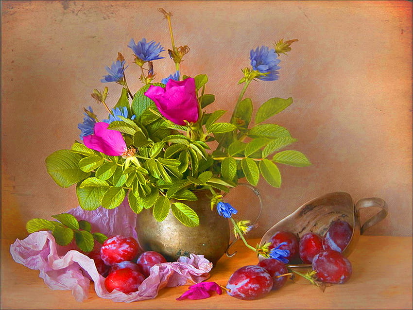 Flowers - still life, blue, pink, green leaves, vase, nuts HD wallpaper