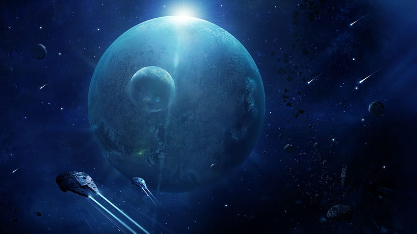 스타워즈 밀레니엄 팔콘 블루 우주선 행성 ​​별 파편 별빛 공상 과학 영화 우주선. HD 월페이퍼