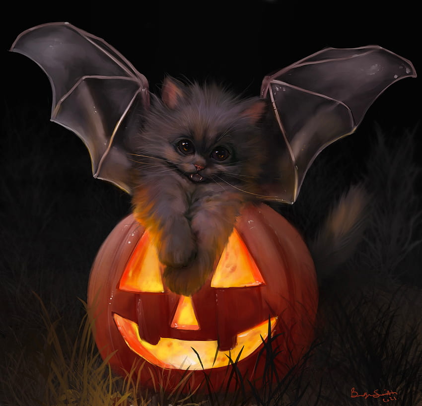 Честит Хелоуин!, коте, крила, нощ, черно, Бруклин Смит, изкуство, сладко, прилеп, котка, портокал, Хелоуин, pisici, фантазия, тиква HD тапет