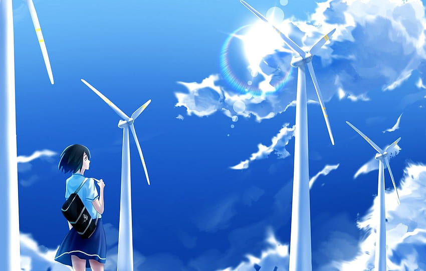 o céu, menina, nuvens, turbinas eólicas para, seção арт, turbina eólica papel de parede HD