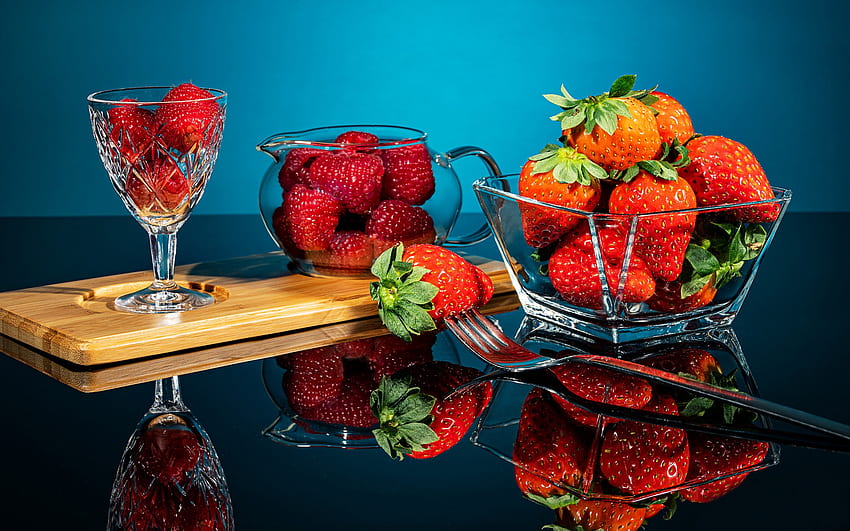 Strawberries, fruit, bowls, food HD wallpaper