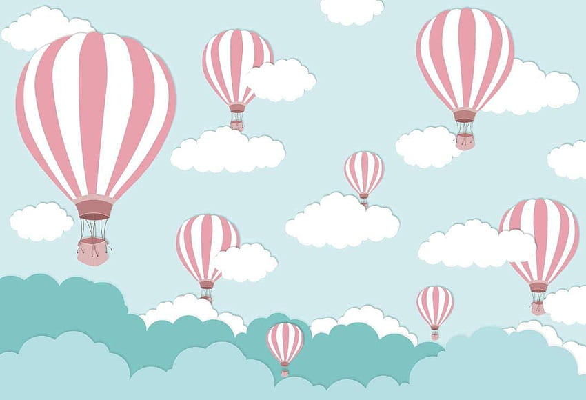 Laeacco Анимационен облак с балони с горещ въздух Фон с винилова графика Фон Синьо небе Бял облак Детски фон Детски Бебешки портрет: Камера и HD тапет