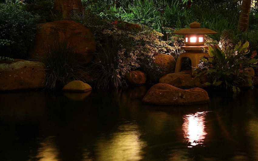 Nature, Stones, Night, Reflection, Shine, Light, Vegetation, Lamp, Lantern, Pond, China HD wallpaper