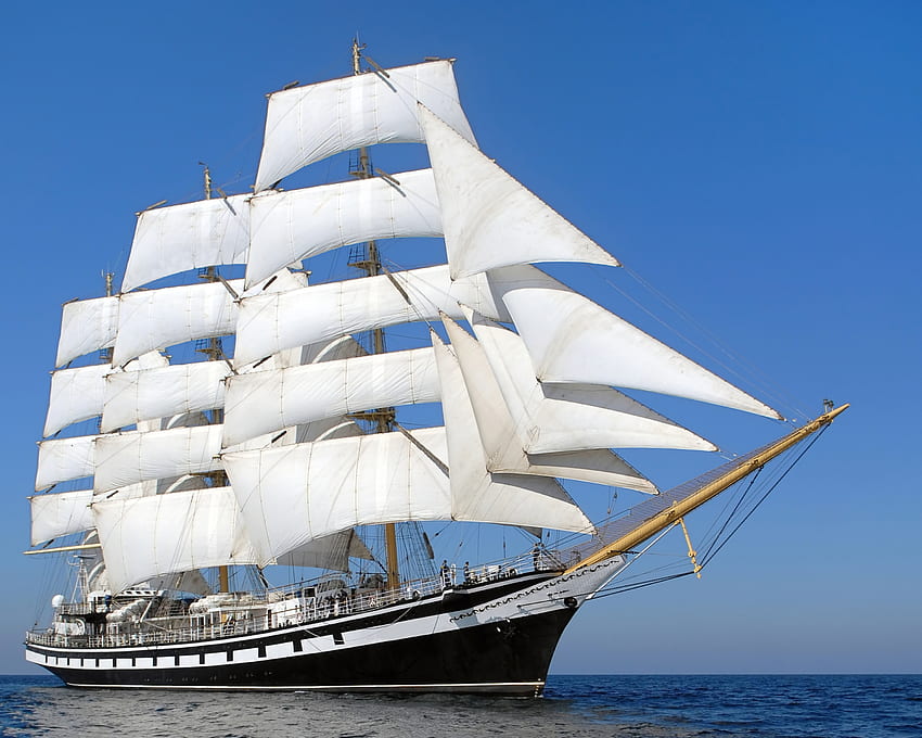 Big ship with white sails in the sea HD wallpaper