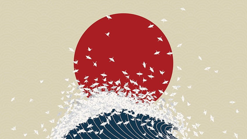 origami, minimalism, digital art, waves, Japan, birds, Wave Japanese Art HD wallpaper