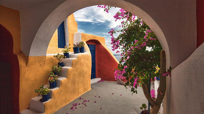 Arch Architecture Bush Door Greece House Man Made Pink Flower Plant Santorini - Resolution:, Greek Garden HD wallpaper