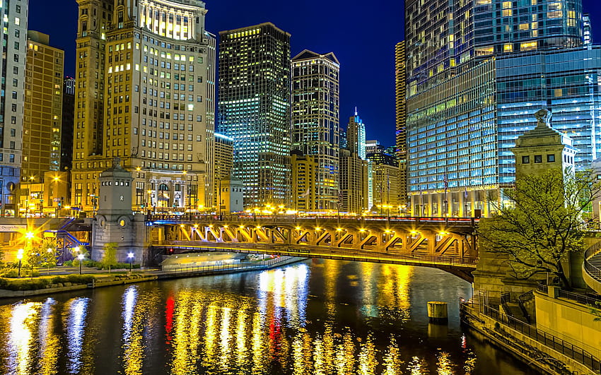 Chicago Illinois architecture buildings skyscraper night, Chicago River HD wallpaper