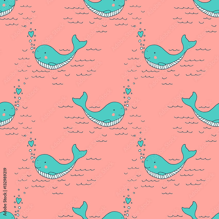 Cute baby blue whale with hearts - vector hand drawn seamless pattern. Childish kawaii style sketch with small animal. Valentines day romantic Stock Vector, Pink Whale HD phone wallpaper