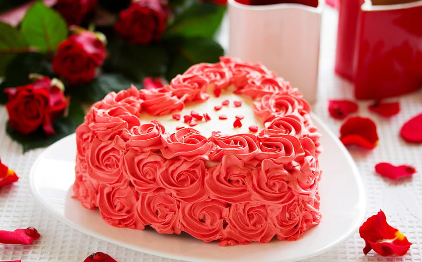 Kue, manis, putih, pencuci mulut, makanan, mawar, merah muda, birtai bahagia, bunga, hijau, merah Wallpaper HD