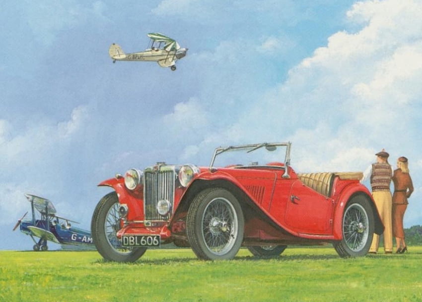MG TC Car & De Havilland Tiger Moth Aircraft, mg tc, carro, avião, mariposa de tigre, vintage papel de parede HD
