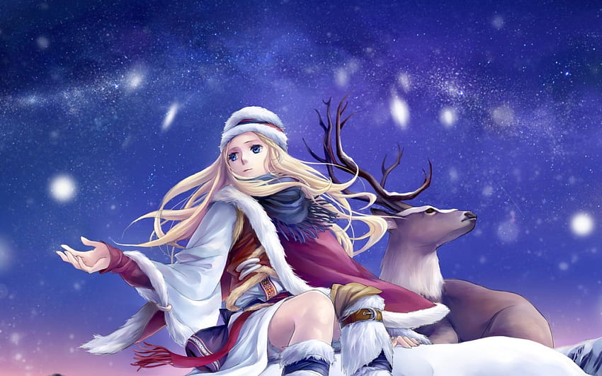 Winter evening, night, blue, winter, white, girl, stars, reindeer, anime, snow, christmas, sky, blonde hair, manga, evening HD wallpaper